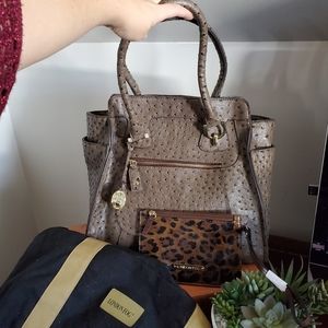 Ostrich leather satchel with leopard wristlet